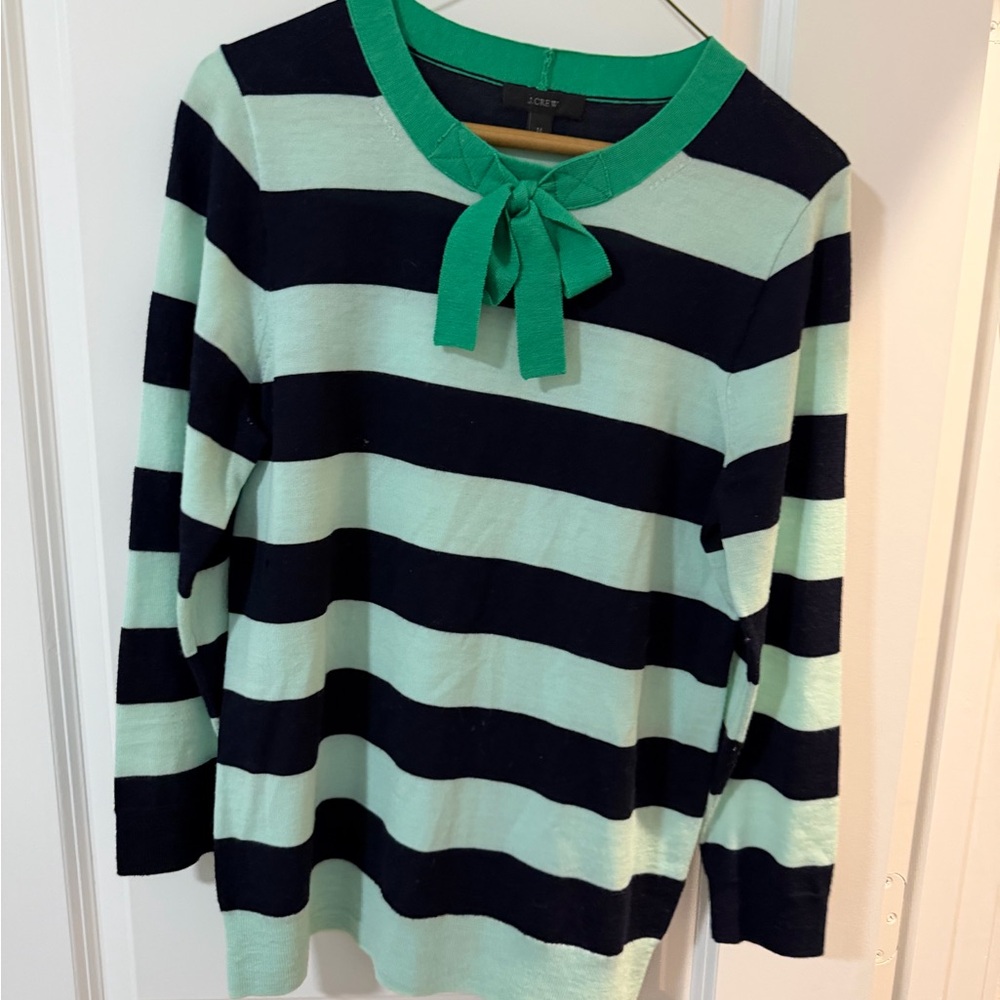J. Crew Mint Green and Navy Striped Bow-Accent Crewneck Sweater